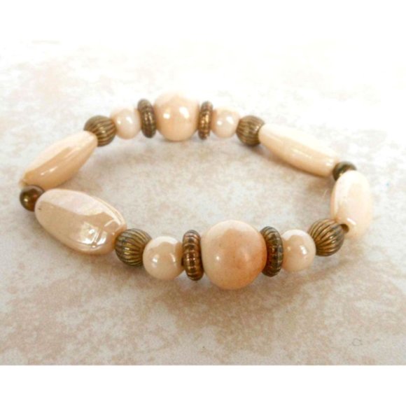 Vintage White Glass Multi Shape Bead Stretch Bracelet , Off-White - Picture 3 of 5